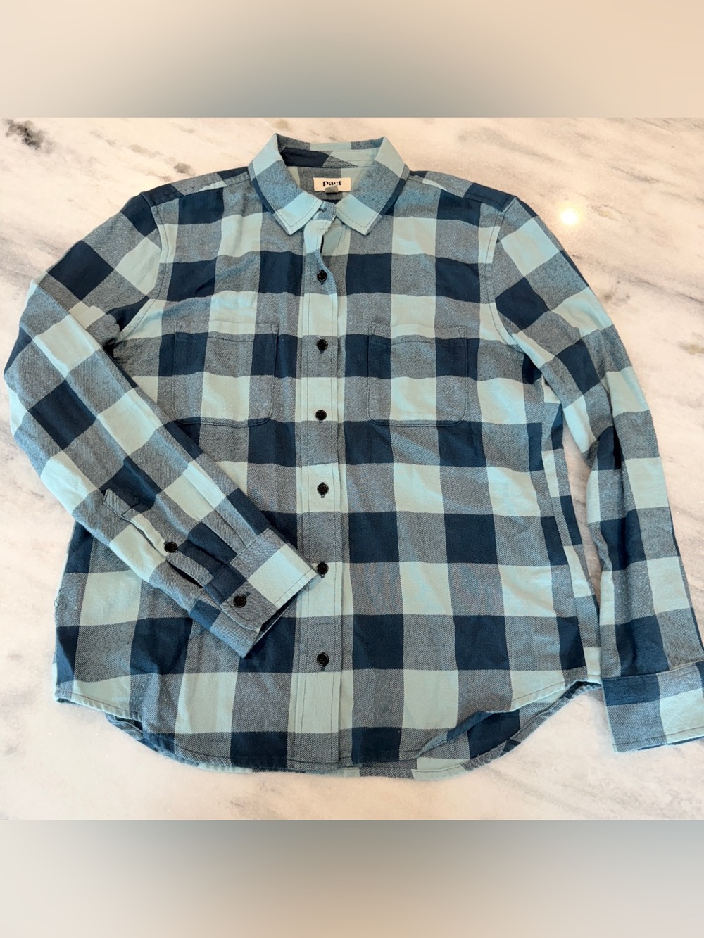 Pact Blue Plaid Checked Cotton Flannel Button Down Shirt Size Medium